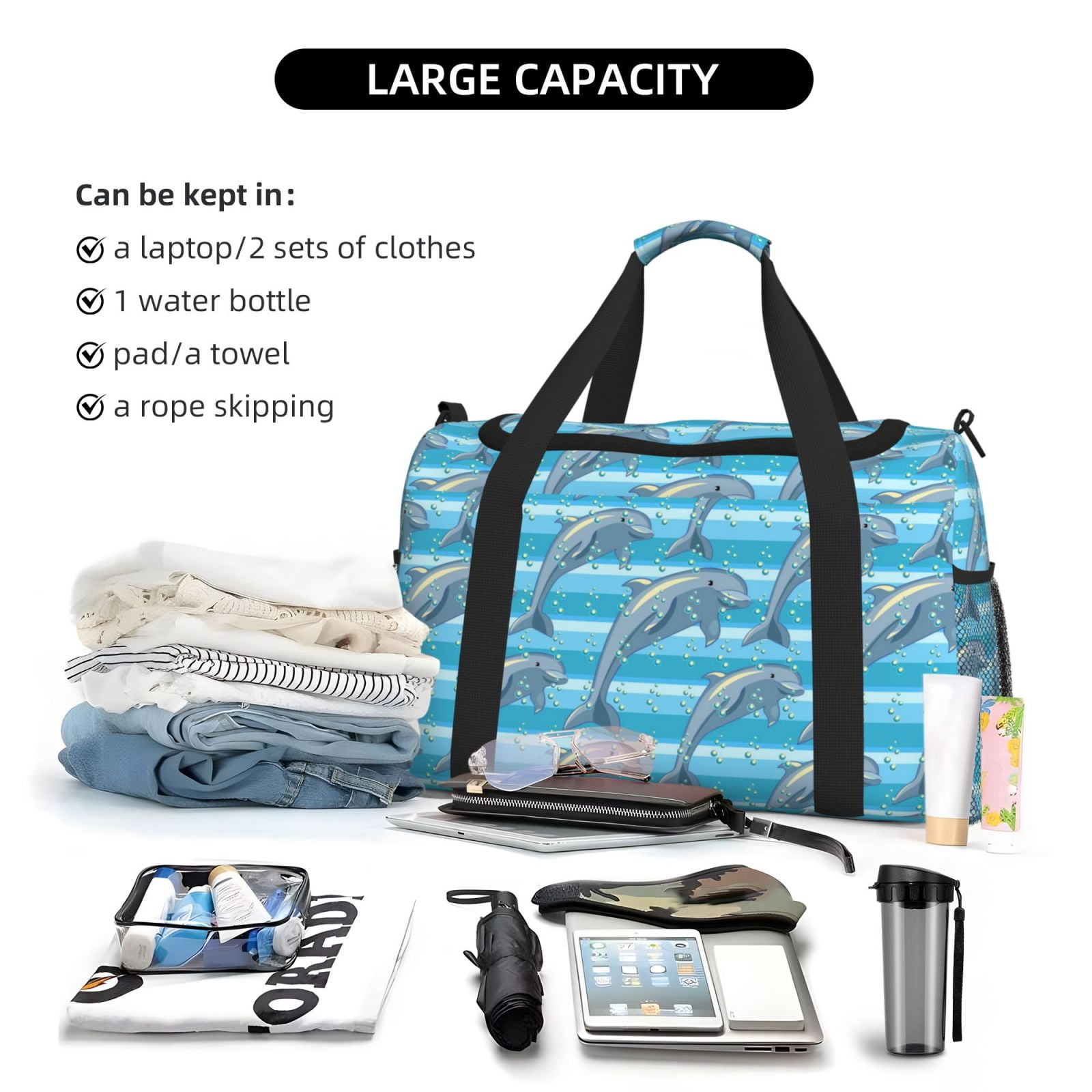 Horeoi Dolphin for Travel Duffle Bag with Adjustable Strap - Large Capacity Hand Carry for Gym Sports Outdoor