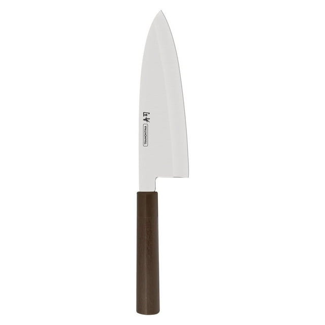 Tramontina Sushi 8-inch stainless steel Deba knife featuring a sharp blade and ergonomic brown handle for precise fish cutting.