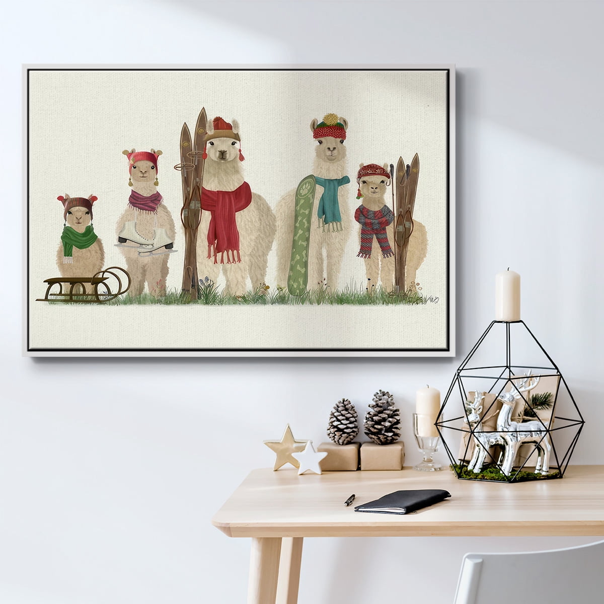 Llama Family Winter Sports - Framed Gallery Wrapped Holiday Canvas - 17 x 25 - White Frame