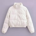thumbnail image 2 of XPMWRP Women's Faux Leather Puffer Cropped Jacket Long Sleeve Puffer Down Solid Color Button Coat Winter Warm Loose Casual Coats White S, 2 of 7