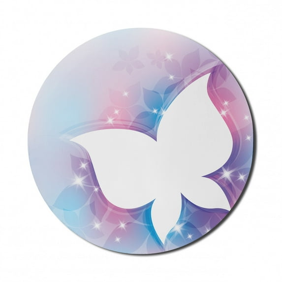 Butterfly Mouse Pad for Computers, Abstract Floral White Butterfly Silhouette on a Spring Meadow Print, Round Non-Slip Thick Rubber Modern Gaming Mousepad, 8" Round, White Pink Blue, by Ambesonne