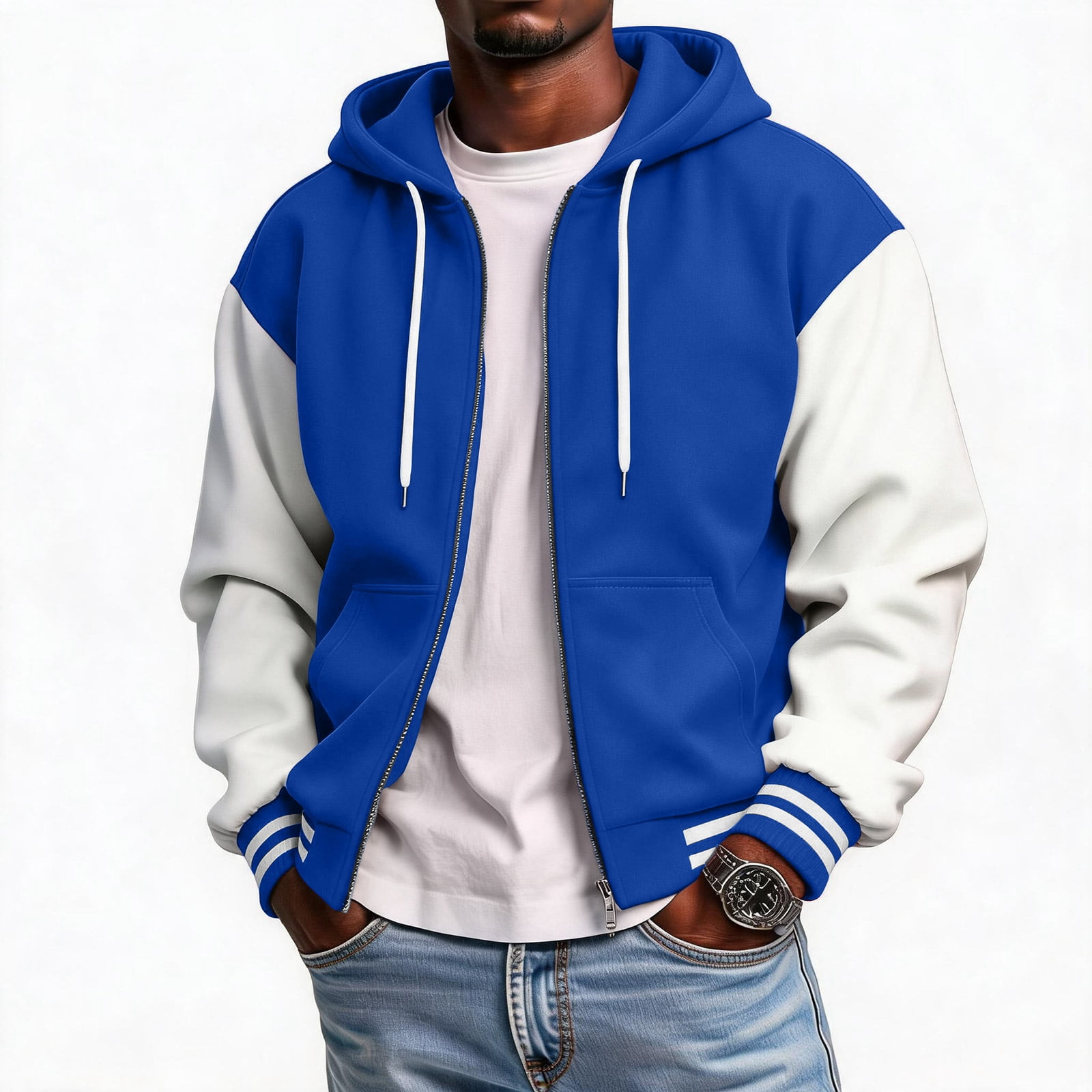 Fabrcox Varsity Baseball Bomber Jacket for Men with Hood Fleece Button Up Varsity Jacket Hoodie Loose Fit Fall Winter Warm Outdoor Sports Baseball Jacket Coat with Pockets Blue XXL
