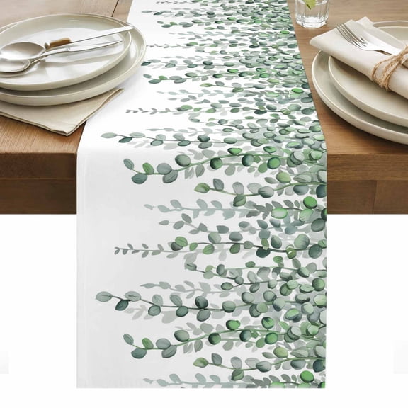 Green Eucalyptus Leaves Table Runner - 108 Inch Long, Kitchen Dining Table Runner Dresser Scarves, Summer Botanical Weeping Watercolor Farmhouse Decor for Coffee Tables Wedding Party Banquet