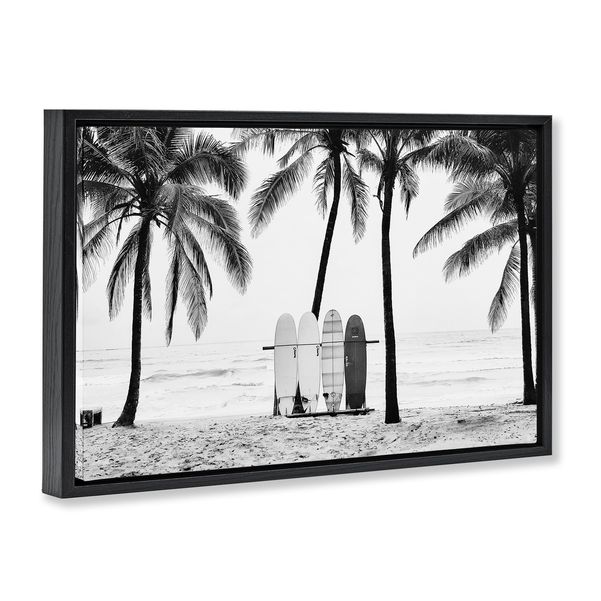 Stupell Industries Centered Surf Boards View Nautical & Beach Photography Black Floater Framed Canvas Art Print Wall Art, 25 x 17