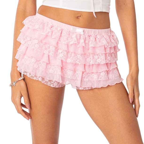 Vestido Pantalones cortos en capas de encaje Falda corta escalonada Ropa de playa de fiesta elegante para mujer Kuymtek Rosa T L para Mujer