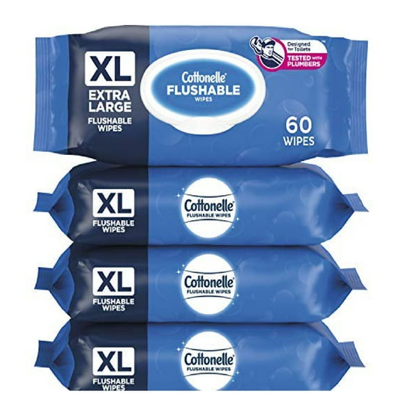 Cottonelle XL Flushable Wipes, Extra Large, 4 Flip-Top Packs, 60 Wipes Per Pack, 240 Total