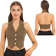 thumbnail image 3 of Chaleco con botones y dobladillo puntiagudo para mujer, Tops cortos de Color sólido, camisetas sin mangas con cuello Halter y espalda descubierta, chaquetas de esmoquin, 3 of 5