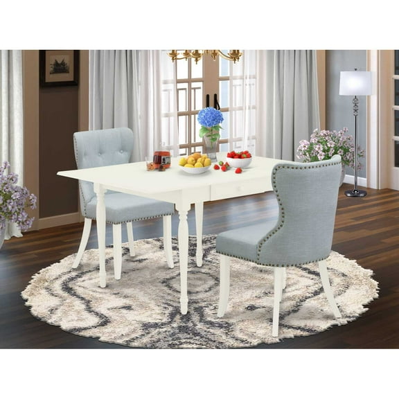 East West Furniture Monza 3-piece Wood Dining Table Set in Linen White/Baby Blue