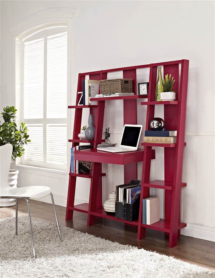 Ladder Bookcase with Desk in Red