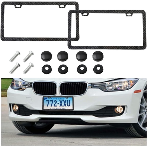 Carbon Fiber License Plate Frame, 2 Pack Universal US Stainless Steel License Plate Frame Covers, Rust-Proof and Rattle-Proof Car Tag Holder Bracket with Screws Caps, Car Accessories (2 Holes)