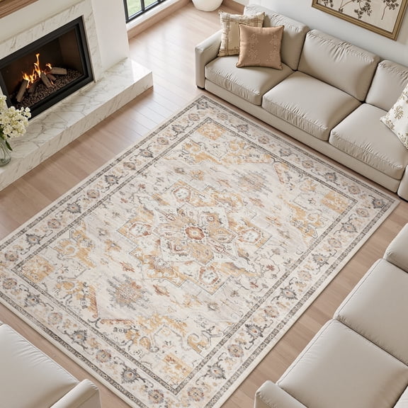 SIXHOME 9'x12' Area Rugs for Living Room Washable Traditional Distressed Carpet Non Slip Soft Retro Floral Indoor Throw Rug for Bedroom Dinning Room Vintage Orange