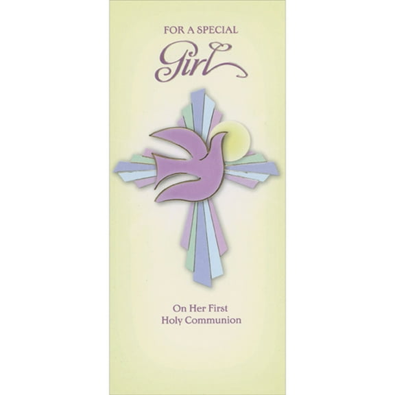 Designer Greetings Pastel Cross and Purple Dove with Gold Foil Accents 1st / First Communion Gift Card or Money Holder Congratulations Card for Girl