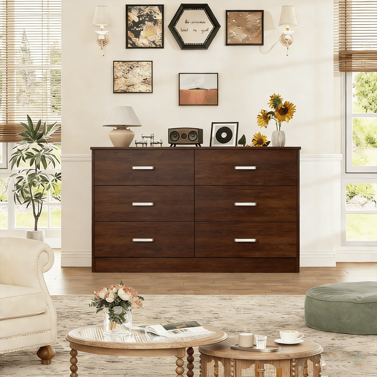 Winkalon Brown Dresser for Bedroom, 6 Drawer Dresser Chest of Drawers, Wood Dressers for Closet, Wide Modern Dressers for Living Room, Hallway, Entryway, TV Stand, Brown