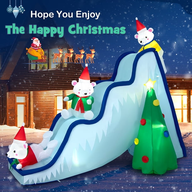 Tangkula 9 FT Christmas Inflatable Polar Bear Slide - Outdoor Holiday Decoration With LED Lights & Ground Stakes