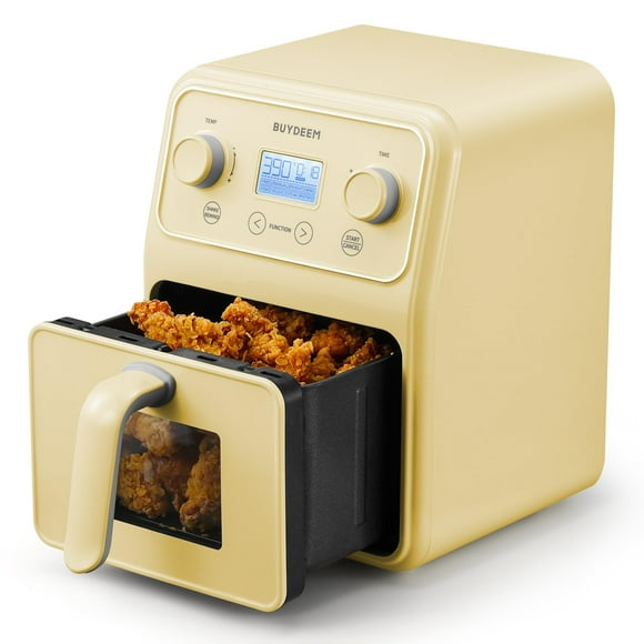 BUYDEEM F51 Freidora de aire 8 en 1 4.2QT, horno de freidora de aire de encimera retro con ventana visible, recordatorio de batido, control de un toque con pantalla LCD, amarillo suave