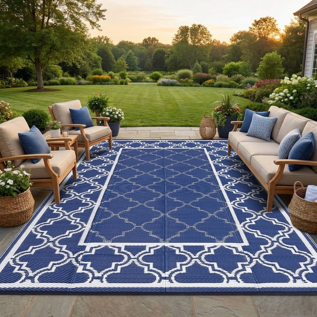 Oversized Reversible Outdoor Rug 9x18ft–Plastic Straw Patio Mat with Water-Resistant and UV-Resistant Features-Foldable,Easy-to-Clean Design for RV,Deck,Porch,Balcony and Backyard,Navy Blue/White