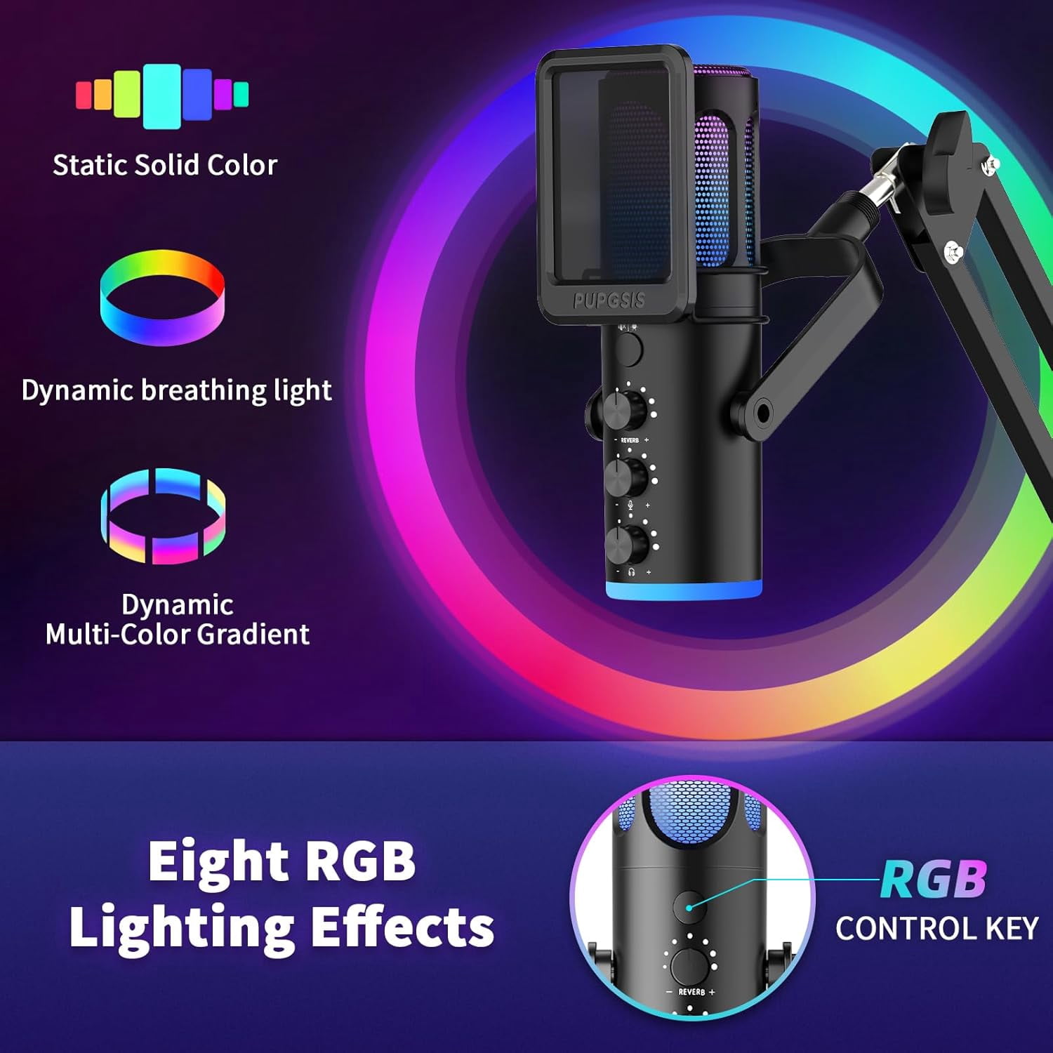 Pupgsis USB Condenser Gaming Microphone with Noise Reduction, Mute, Reverb, Monitor, Adjustable Stand for PC, PS4, PS5, Mac, Podcasting