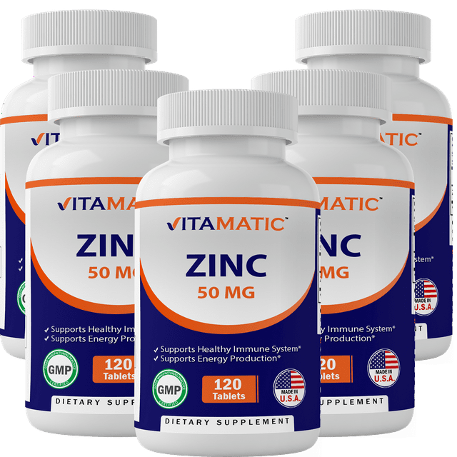 5 Pack Vitamatic Zinc Supplement 50 mg Elemental (From Zinc Gluconate), 120 Tablets