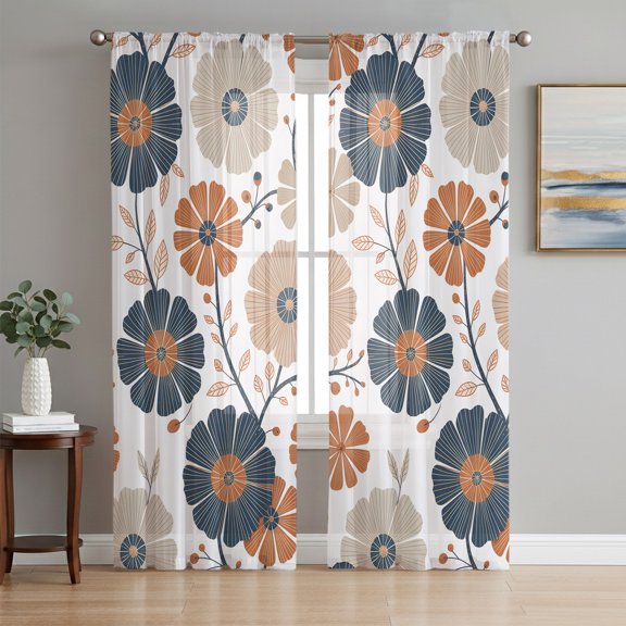 Orange Blue Flowers Sheer Curtains 96 Inch Length 2 Panels Set, Country Botanical Blooms Floral Voile Window Treatment Semi Sheer Long Curtains Drapes for Bedroom/Living Room/Kitchen 52"x96"x2