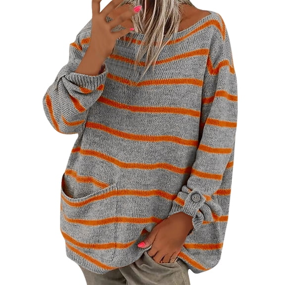 Lovskoo 2024 Sweaters for Women Round Neck Striped Pocket Patchwork Long Sleeved Sweater Orange