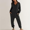 thumbnail image 2 of FAIWAD Women's Jumpsuits Long Sleeve V Neck Rompers Baggy Plus Size Solid Color Comfy Romper with Pocket, 2 of 7