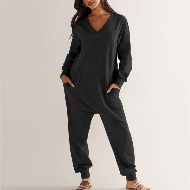 LSLJS Combinaison Décontractée Ample Unie à la Mode pour Femme, Combinaison à Manches Longues à Col en V, Pyjama Décontracté avec Poche