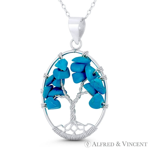 Tree-of-Life Etz Chaim Created Turquoise 40x24mm (1.6x0.9in) Pendant & Chain Necklace in .925 Sterling Silver