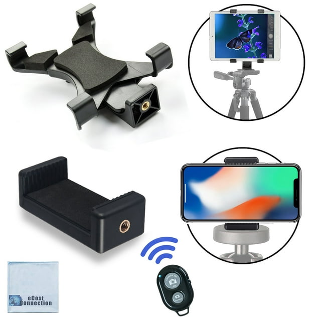 Universal Tablet Tripod Mount + Universal Smartphone Mount + Bluetooth Remote for All Smartphone and Tablet Models with eCostconnection Microfiber Cloth