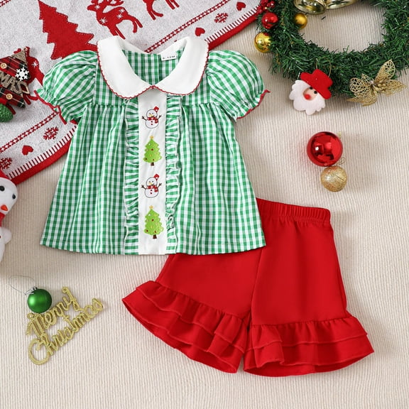 Placlothes Kids Girl Christmas Outfit Set - 2-Piece Green Gingham Top & Red Shorts, Snowman Embroidery, 6M-4Y,Size 3 T