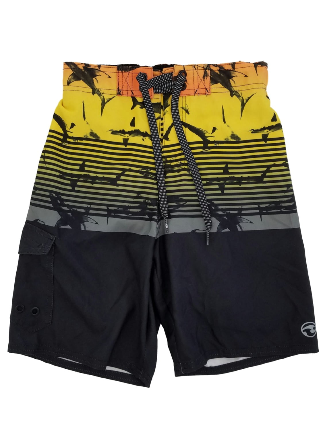 Boys Yellow//Black Striped Sharks Cargo Board Shorts Swim Trunks