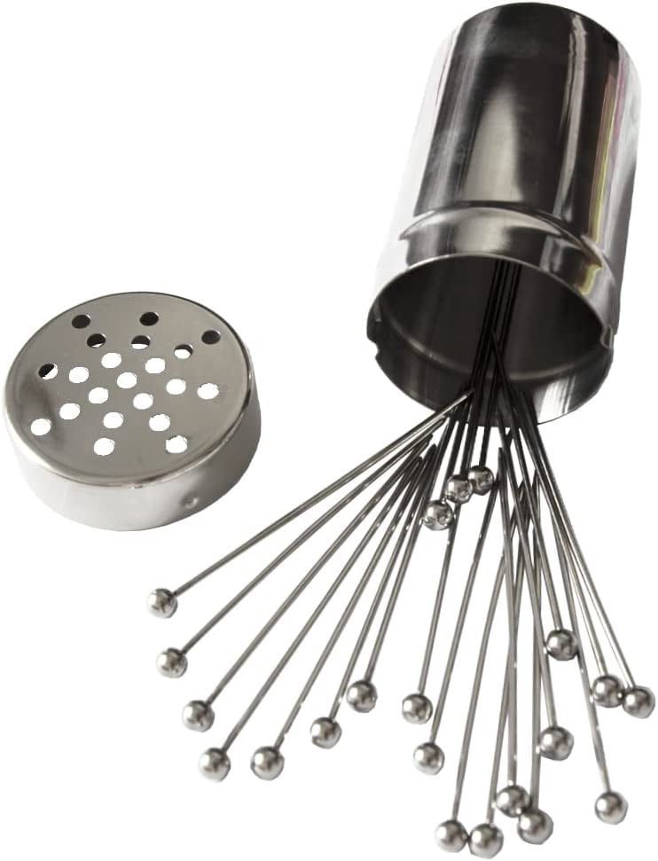 ABCISI 4.5" Metal Cocktail Picks 21Pack+Holder Jar, Premium 304 Stainless Steel Reusable Appetizer Skewers Set for Fruits, BBQ Snacks, Cocktails, Olives