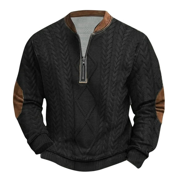 Men's Knit Half-Zip Mock Neck Top with Cable Knit Pattern & Faux Leather Accents Long Sleeve Casual Shirt