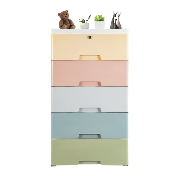 5 Drawer Stackable Vertical Clothes Storage Cabinet, Plastic Drawers Dresser Storage Cabinet With Lock