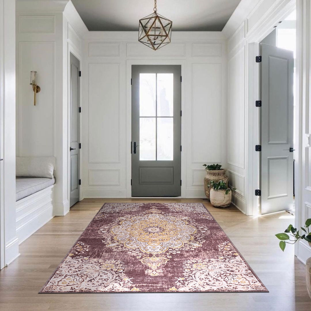 CAMILSON Machine Washable Rug, Distressed Vintage Area Rugs, Stain and Water Resistant, Traditional Bohemian Indoor Carpet (2x3, Yellow)
