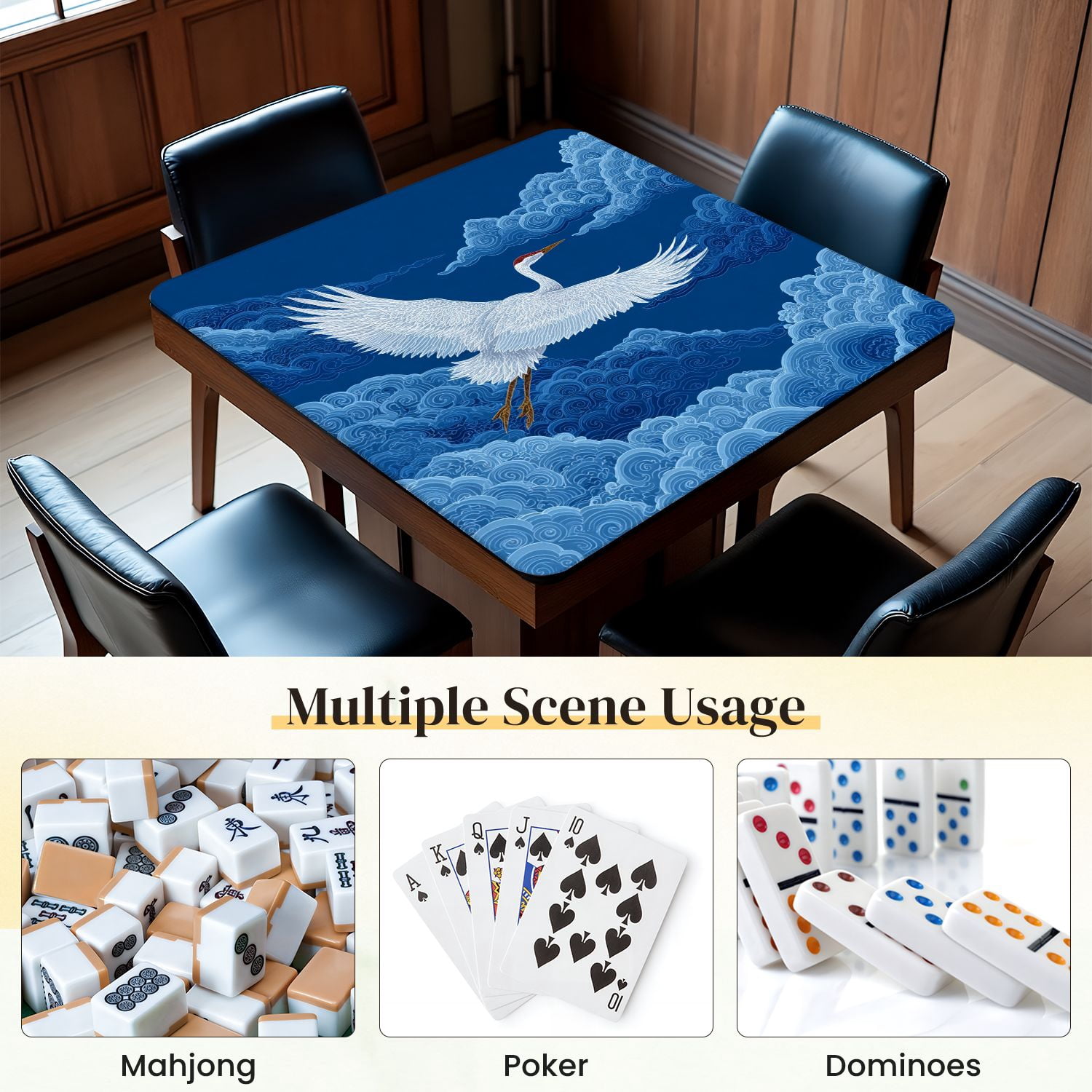 Chinoiserie Mahjong Mat 31.5" x 31.5" Symmetrical Crane Flowing Feathers Whimsical Cloud Non-Slip Noise Reduction Mahjong Tiles Table Cover for Dominoes Poker Card Board and Tile Games