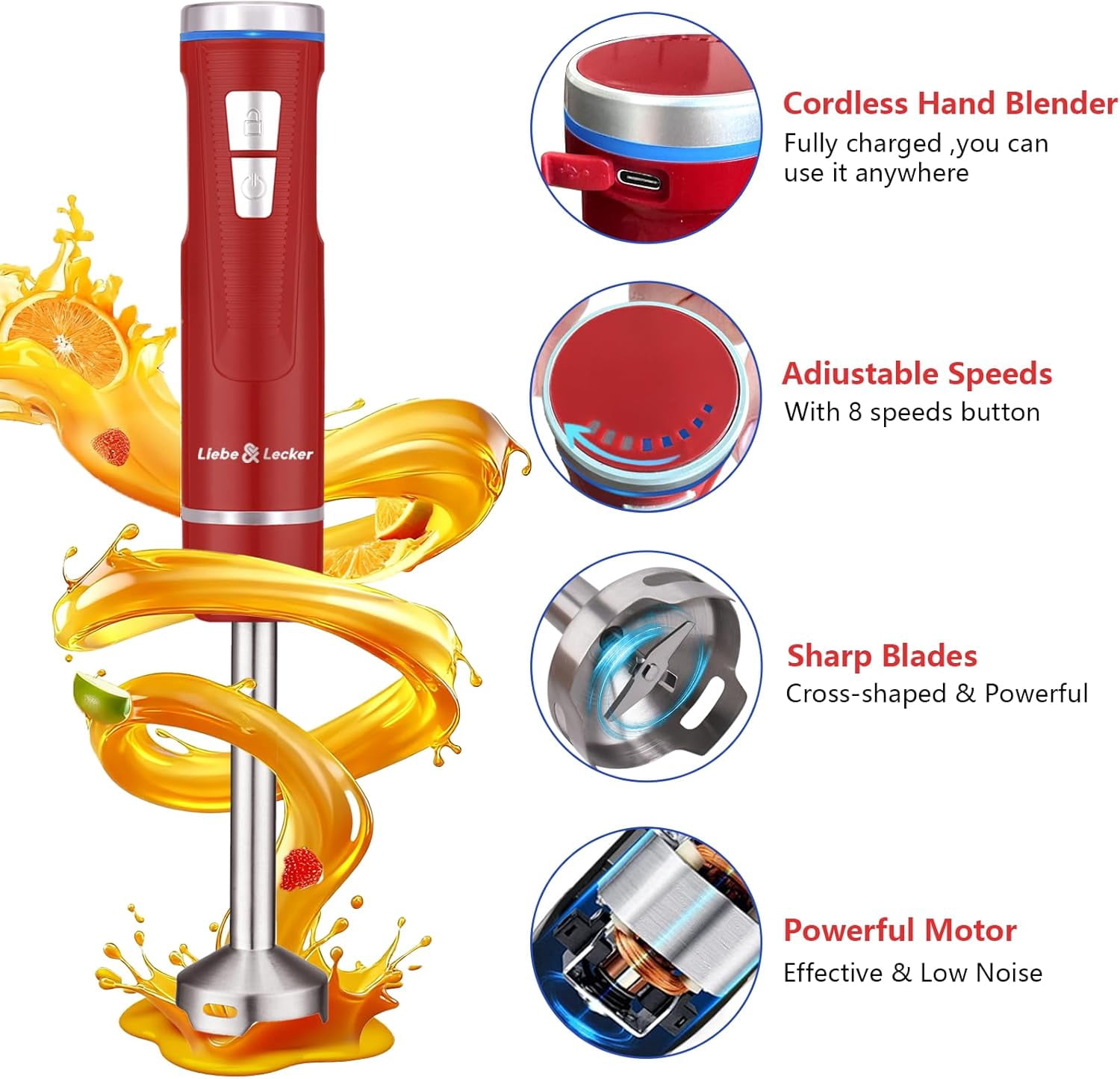 Immersion Blender Handheld Cordless, 3 in 1 Cordless Hand Blender with Whisk Milk Frother for Soup Smoothie Red