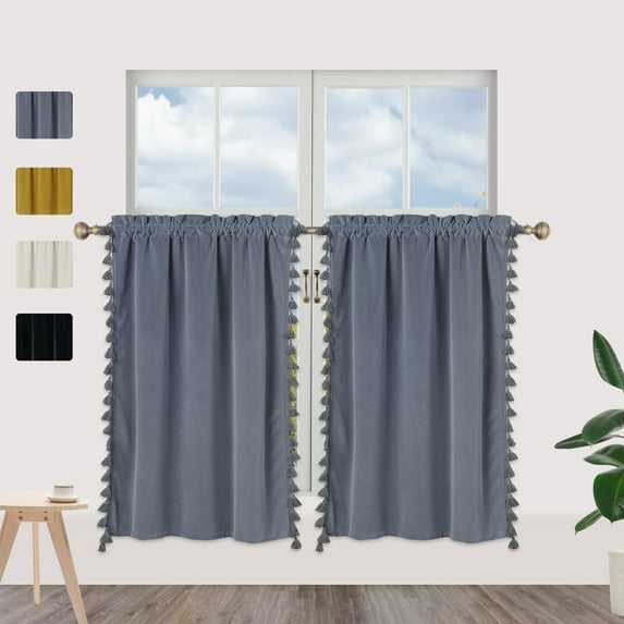 Haperlare Velvet Tier Curtains for Kitchen Windows 26"W x 30"L Boho Tassels Privacy Protection Cafe Curtains Half Window Curtain for Bathroom, Gray, Set of 2