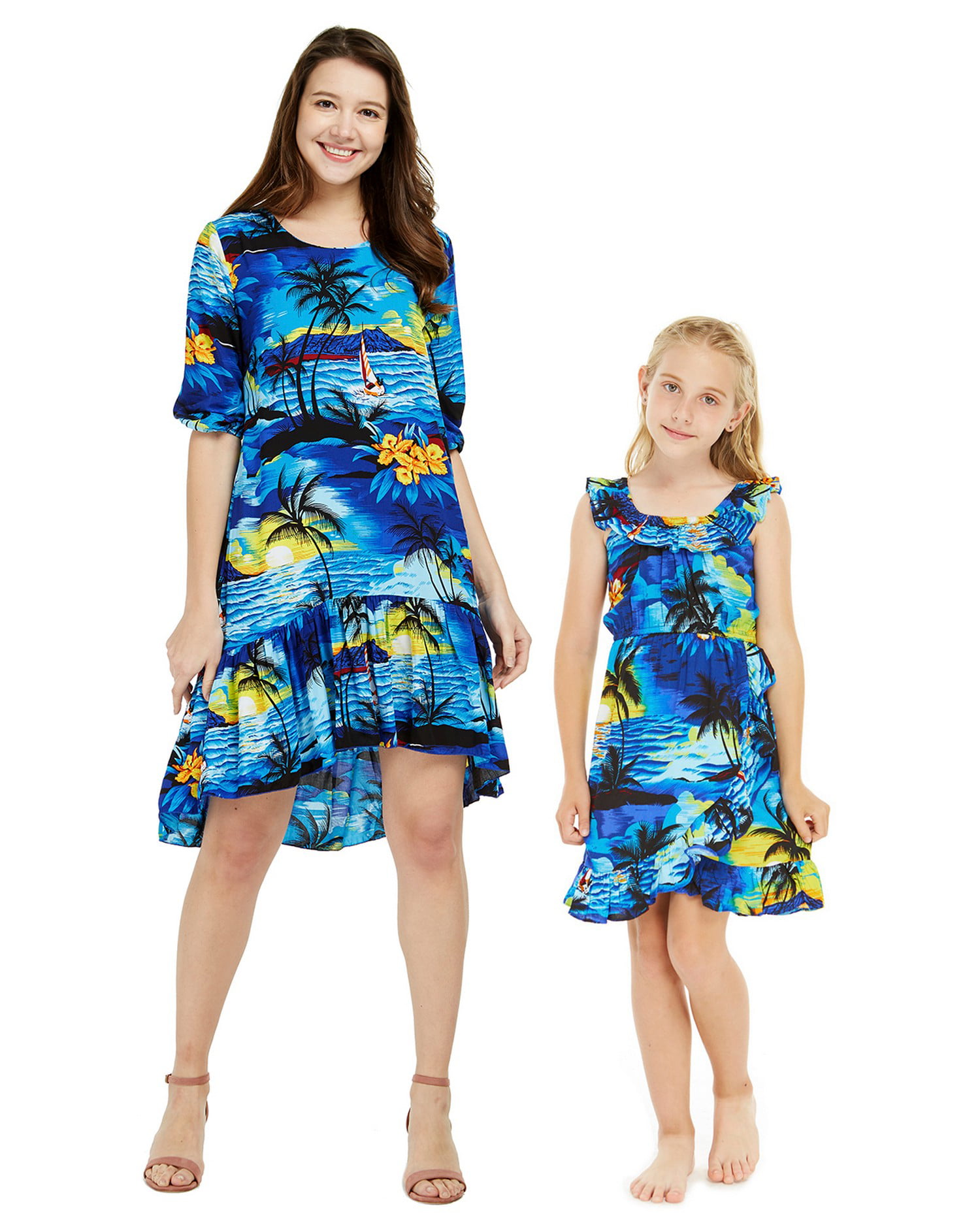 Mother Daughter Matching Dress Outfit Hawaiian Cruise Luau Beach Sunset Blue 