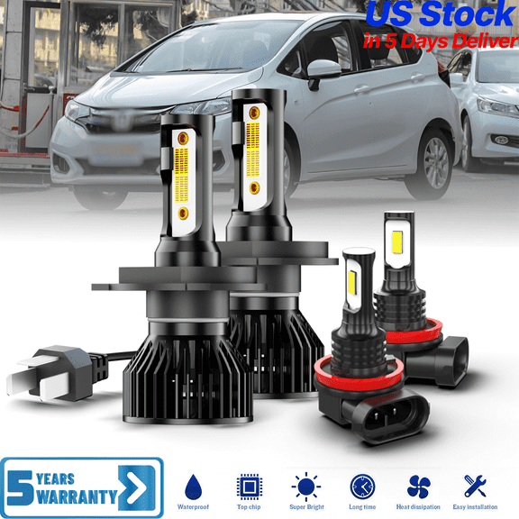 For Honda Fit 2006-2020 LED Headlight Bulbs Combo, H4/9003 High/Low Dual Beam Bulbs + H11 Foglights Kit, 6000K Cool White, 500% Brightness with Fan, Plug-N-Play, CANbus Ready, Pack of 4