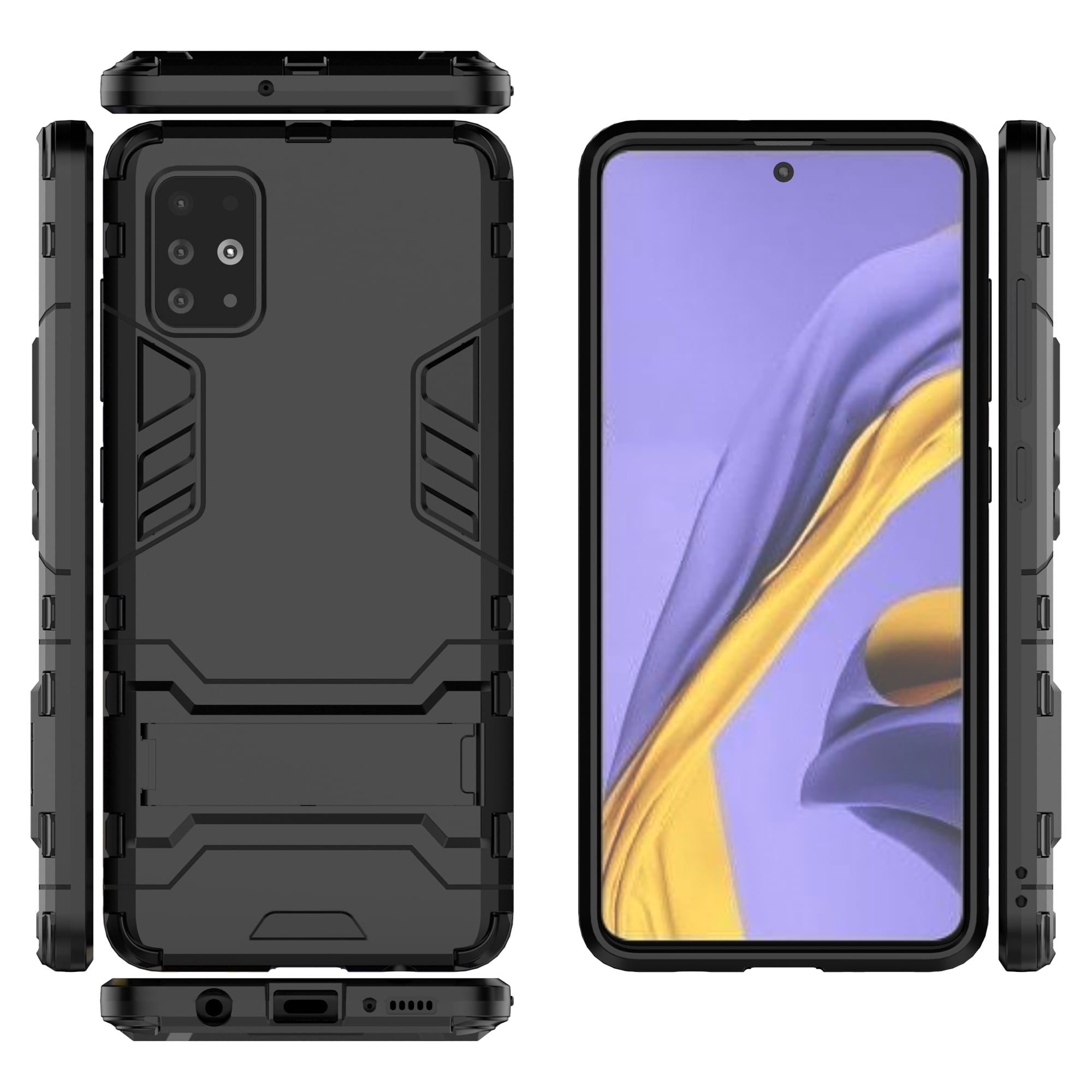 Compatible for Samsung Galaxy A71 5G Case with Tempered Glass Screen Protector Black Tinabless Shockproof Kickstand Protective Phone Case for Samsung A71 5G 2 Pack 
