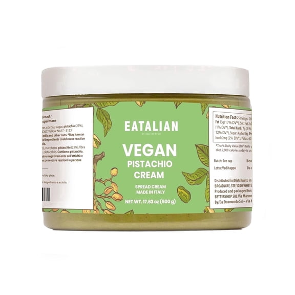 EATALIAN by AMZ BETTER Vegan Pistachio Cream, 17.63 oz/ 500 gr, Delicious vegan spread with a uniquely sweet taste, Ideal on bread, Perfect with ice cream, Excellent for Dubai Chocolate, Made in Ital