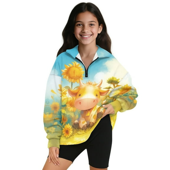 Xoenoiee Cow Sunflower Print Girls Half Zipper Sweatshirts Cute Trendy Fall Pullover Long Sleeve Sweater Clothes Tunic Tops for Teen Girls, Size 11-12 Years