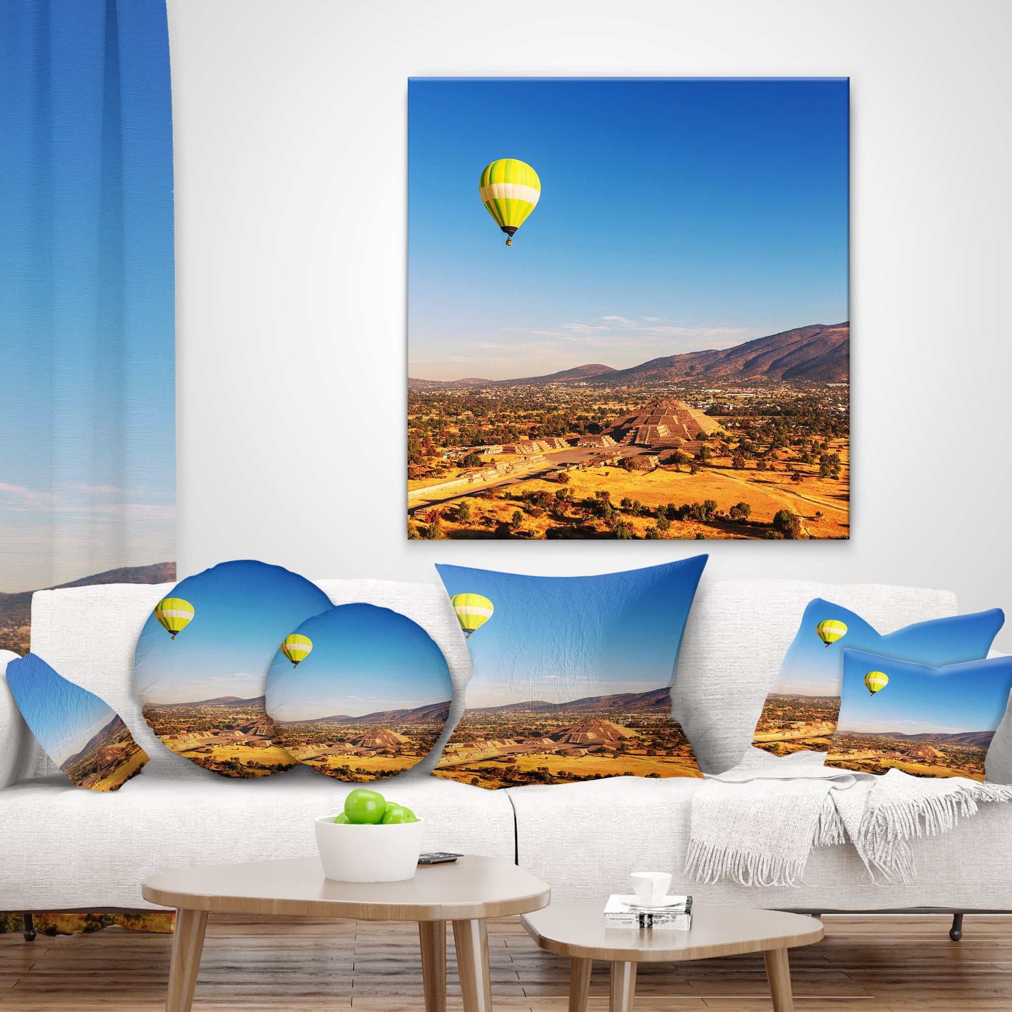 Designart Large Yellow Balloon over Mountains - Landscape Printed Throw Pillow - 18x18