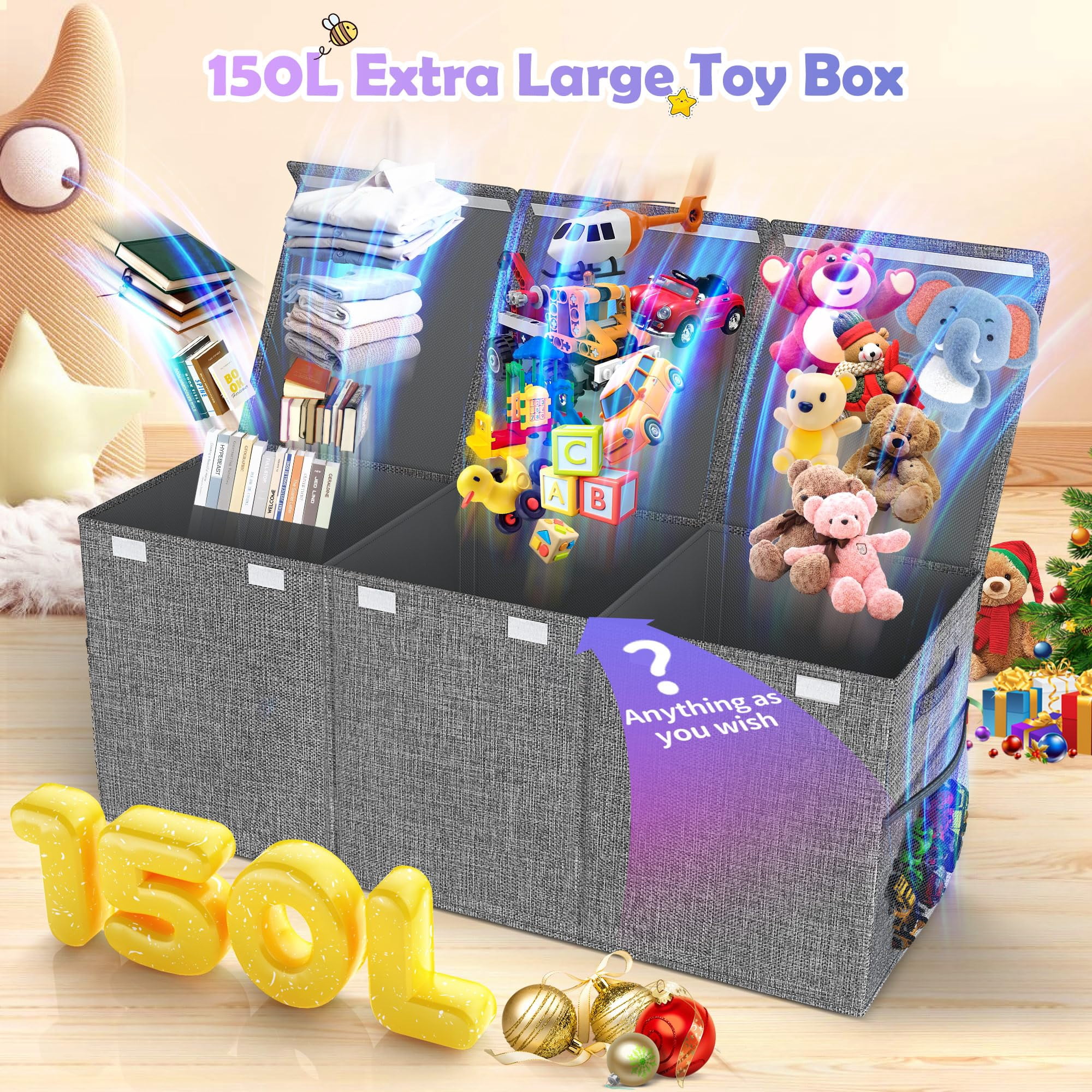 Extra Large Toy Box, Collapsible Sturdy Kids Toy Storage Storage Box with 2 Side bags and Removable Lids，large Toy Chest for Boys, Girls, Nursery, Living Room, Playroom,Gray