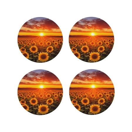 

Fuzoiu Sunset Golden Sunflower Field Print Leather Coasters Set Drink Coasters Set of 4 for Tabletop Protection Durable PVC Coasters Home Décor and Housewarming Gift-Round Shape