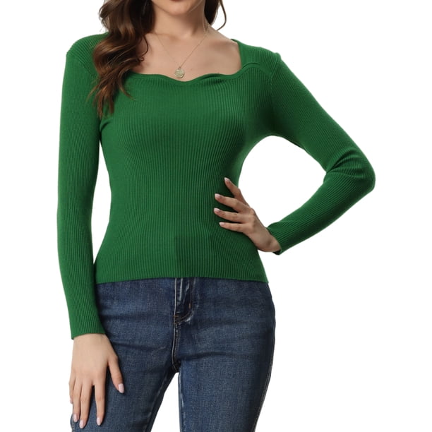 Suéter con Cuello en Forma de Corazón para Mujer Suéter de Manga Larga con Corte Entallado Jersay para Mujer Verde XS