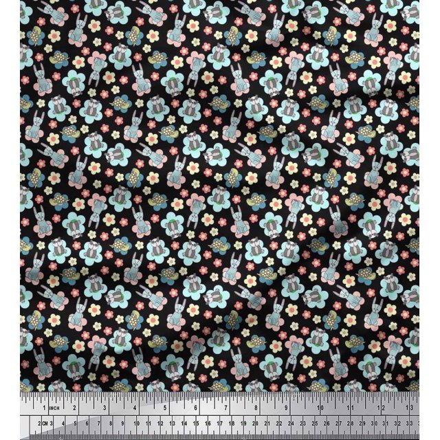 Soimoi Moss Georgette Fabric Tortoise,Rabbit & Panda Kids Print Sewing Fabric Yard 42 Inch Wide