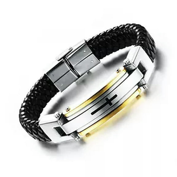 HOOUN 316L Stainless Steel With Genuine Leather Cross Bracelet Bangle Men'sGift-Gold