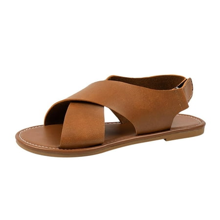

YanHoo Women s Flat Sandals Roman Open Toe Cross Strap Vintage Sandal Summer Casual Beach Shoes