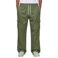 thumbnail image 2 of Men Straight Leg Cargo Pants Drawstring Elastic Waist Multi Pockets Casual Work Trousers Solid Polyester Relaxed Fit Long Pants Green 2XL, 2 of 7